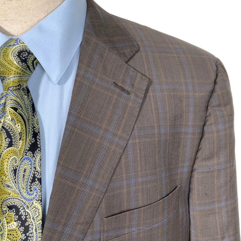 Luigi Bianchi Mantova Blazer Men 44R Taupe Blue Plaid Super 130s Italian Wool‎